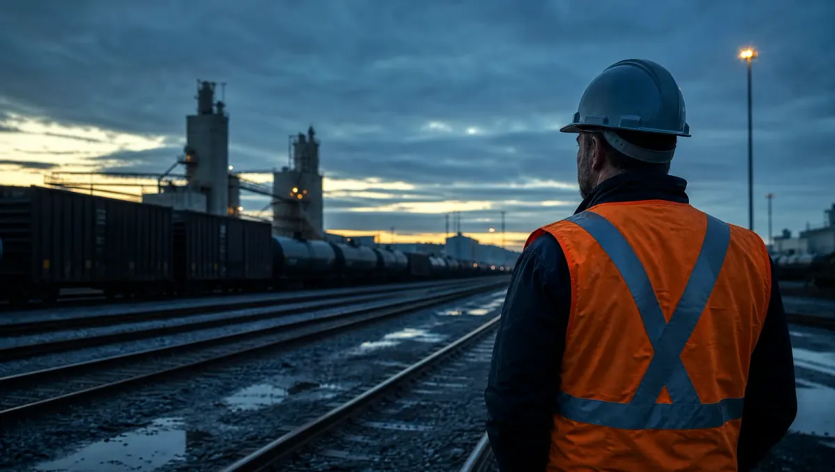 Railway safety consultant inspecting industrial rail yard at dusk