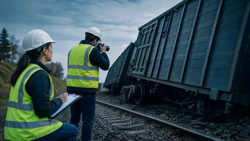 Derailed rail cars at an investigation site in Canada